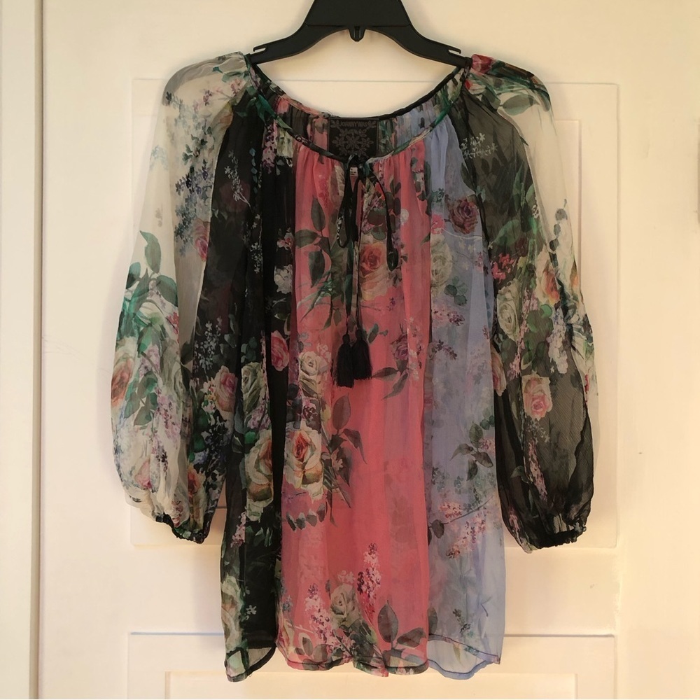Johnny Was silk floral blouse pink black and light blue sheer tassel neck S